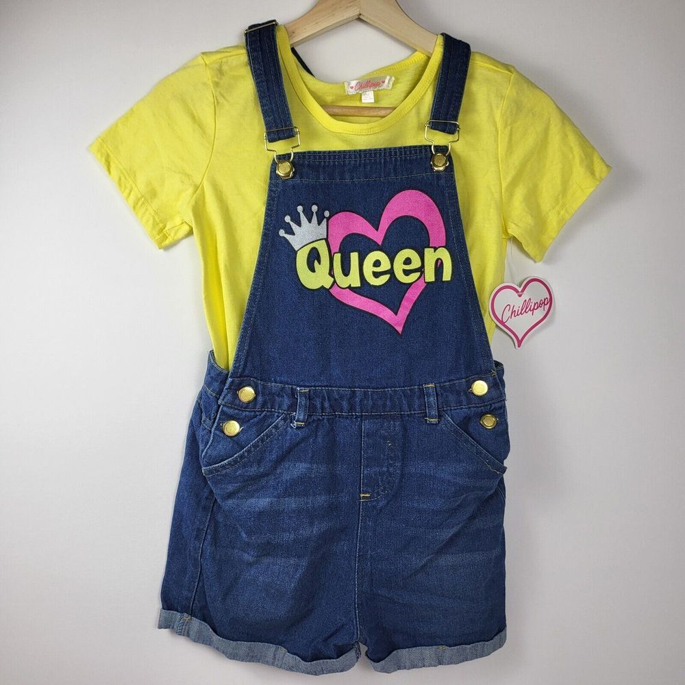 Chillipop Girls Size 14 Denim Blue Jean Overalls Short Set‎ With Shirt New